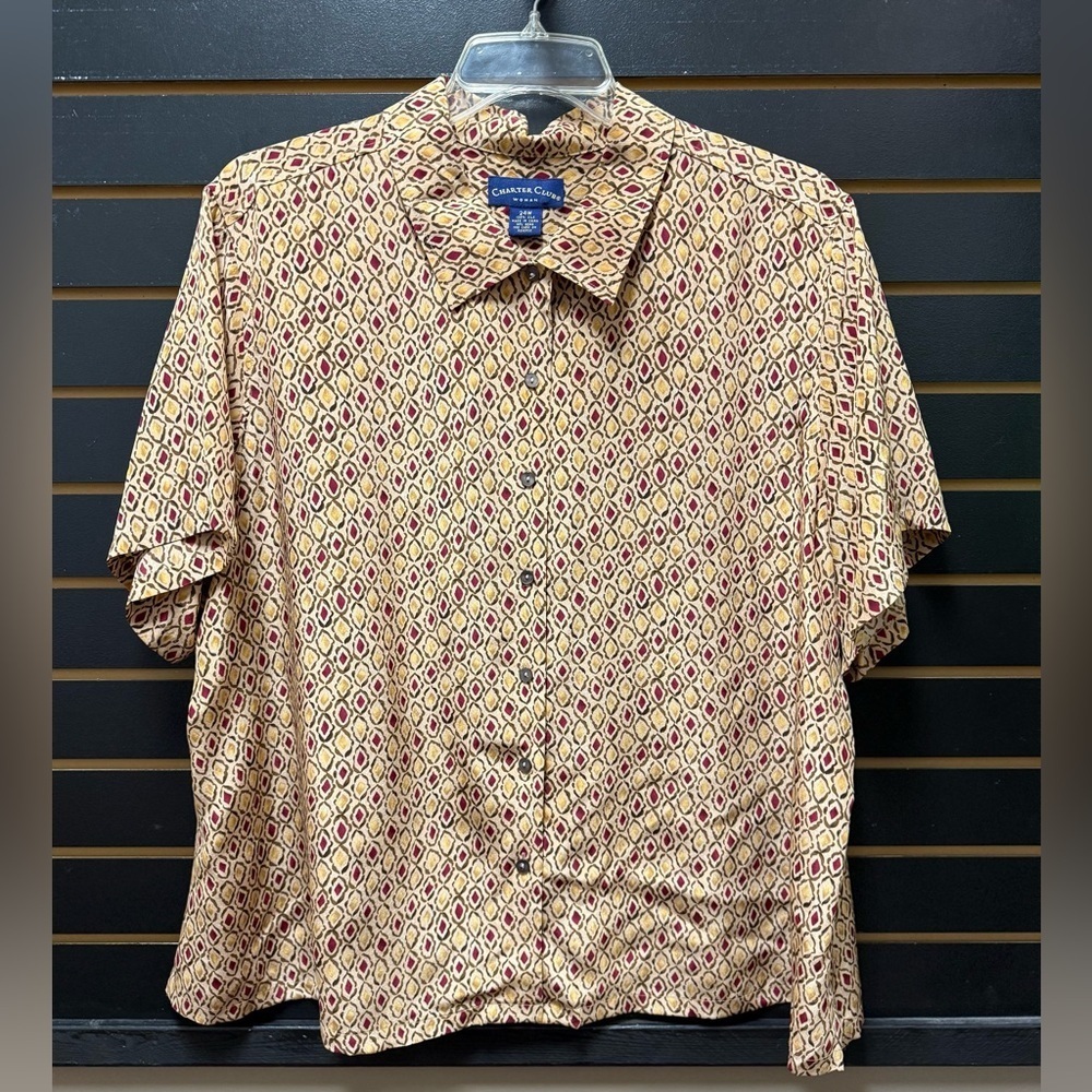 Charter Club Woman 100% Silk Geo Print Button Up Blouse Size 24W